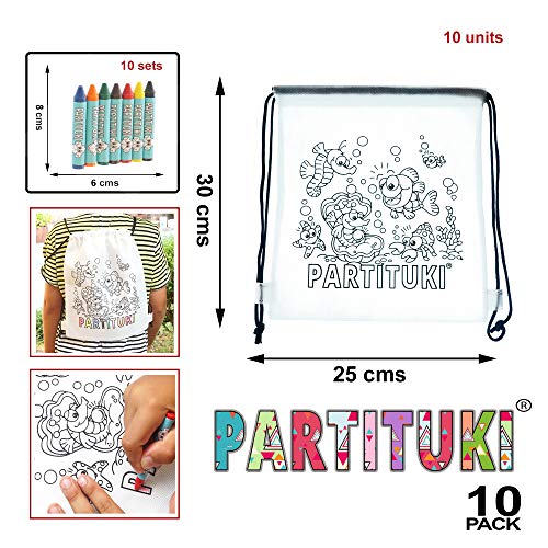 Detalles para Niños Partituki. 10 Mochilas para Colorear y 10 Sets de 7 Ceras de Colores. Detalles Fiestas Infantiles. Con Certificado CE de no Toxicidad