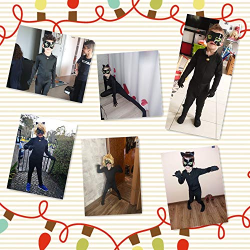 Disfraz de Cat Noir Niños, Máscara Diadema Manga Larga Monos Actuación Cumpleaños Halloween Carnaval Navidad Regalo Cosplay (Negro, Medium)