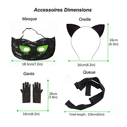 Disfraz de Cat Noir Niños, Máscara Diadema Manga Larga Monos Actuación Cumpleaños Halloween Carnaval Navidad Regalo Cosplay (Negro, Medium)