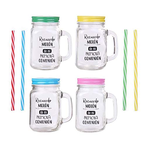 DISOK Lote de 18 Jarra Cristal con Caña Recuerdo Molón Surtido EN Colores - Jarras con Frases, Tazas Originales para Detalles, Recuerdos y Regalos de Comuniones