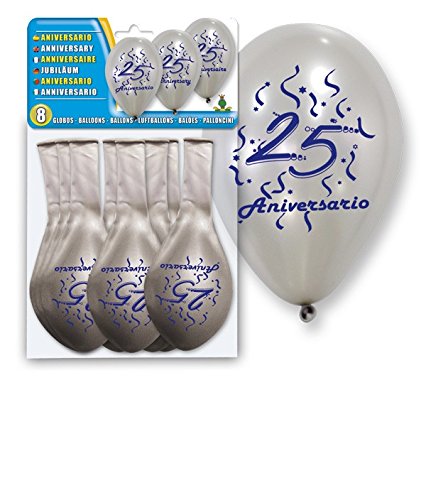 DISOK - Set 8 Globos Plata 25 Aniversario - Globos Decorativos, para decoración Globos para Fiestas, Bodas, Bautizos, Comuniones Eventos, Cumpleaños Bodas de Plata