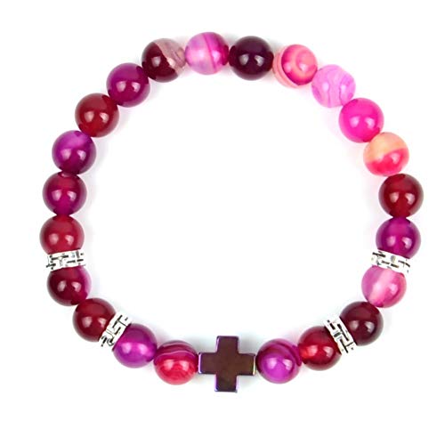 DMUEZW Nuevo Natural Fucsia Raya Ágatas Pulsera Moldeada de Piedra Hematita Cálculos biliares Pulseras Cruzadas para Mujeres Hombres Yoga Joyería