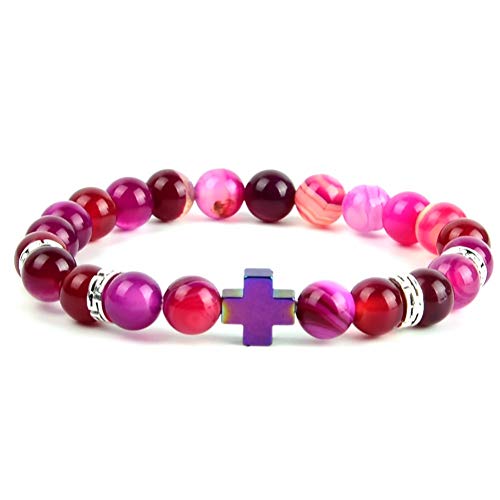 DMUEZW Nuevo Natural Fucsia Raya Ágatas Pulsera Moldeada de Piedra Hematita Cálculos biliares Pulseras Cruzadas para Mujeres Hombres Yoga Joyería