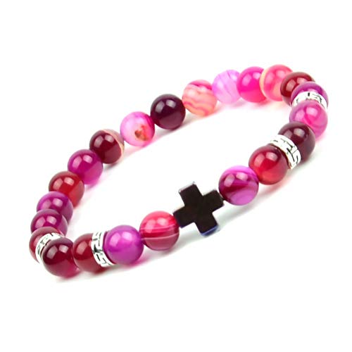 DMUEZW Nuevo Natural Fucsia Raya Ágatas Pulsera Moldeada de Piedra Hematita Cálculos biliares Pulseras Cruzadas para Mujeres Hombres Yoga Joyería