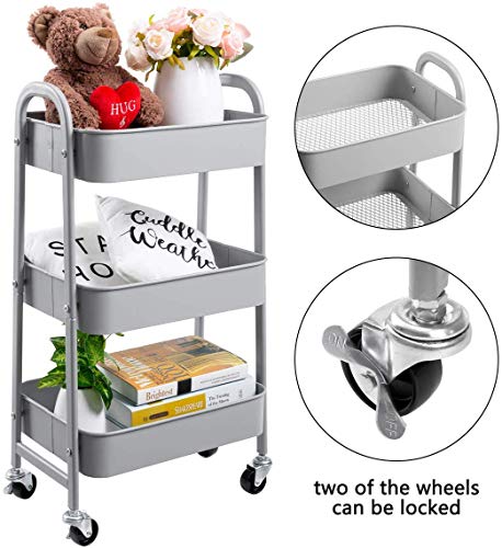 DOEWORKS Carro de Almacenamiento Carro de Servicios Metálicos de 3 Niveles Carro rodante Carro Organizador con Ruedas para Cocina Maquillaje Baño Oficina, Gris