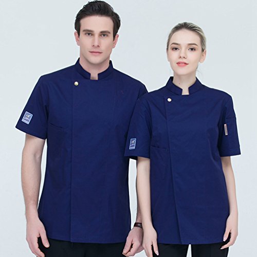 Dooxii Unisexo Mujeres Hombre Moda Verano Manga Corta Camisa de Cocinero Transpirable Chaquetas de Chef Uniforme Cocina Restaurante Occidental Azul Oscuro M