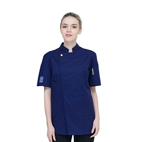 Dooxii Unisexo Mujeres Hombre Moda Verano Manga Corta Camisa de Cocinero Transpirable Chaquetas de Chef Uniforme Cocina Restaurante Occidental Azul Oscuro M