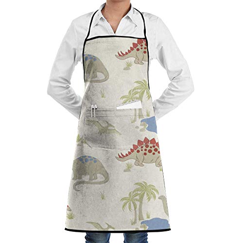 Drempad Cocina Chef Babero Delantal Dinosaur Pattern Neck Waist Tie Center Kangaroo Pocket Waterproof