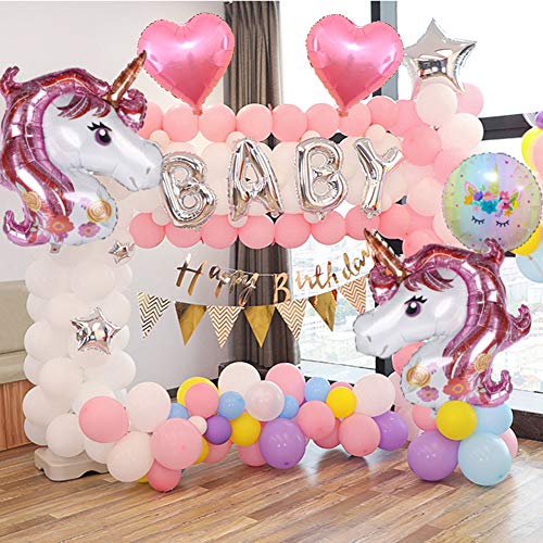 Dsaren 8 Piezas Feliz Cumpleaños Unicornio Grande de Globo Corazón Estrella Globo Rosa con Globos Cinta para Unicornio Fiesta Decoración Cumpleaños Boda Carnaval Baby Girl Party