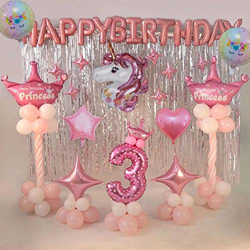 Dsaren 8 Piezas Feliz Cumpleaños Unicornio Grande de Globo Corazón Estrella Globo Rosa con Globos Cinta para Unicornio Fiesta Decoración Cumpleaños Boda Carnaval Baby Girl Party