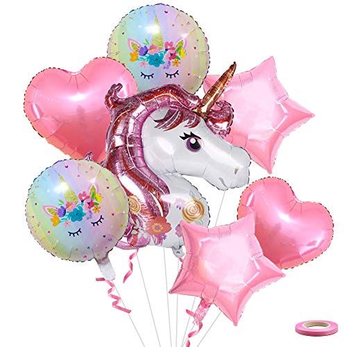 Dsaren 8 Piezas Feliz Cumpleaños Unicornio Grande de Globo Corazón Estrella Globo Rosa con Globos Cinta para Unicornio Fiesta Decoración Cumpleaños Boda Carnaval Baby Girl Party