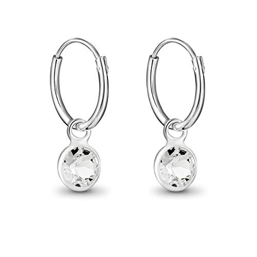 DTPsilver - Pendientes de aro para mujer, plata fina 925 y cristales Swarovski Elements, diseño redondo,12 mm de diámetro, color blanco