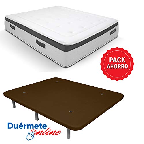 Duérmete Online Extra Pack Ahorro Colchón Viscoelástico Nature Biogel + Base Tapizada 3D Reforzada 5 Barras de Refuerzo y Válvulas de Ventilación con 6 Patas, Chocolate, 135x190