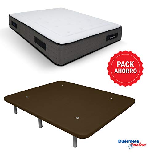 Duérmete Online Pack Ahorro Cama Completa y colchón viscoelástico Premium + Base Tapizada, Chocolate, 90 x 190