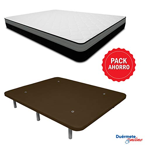 Duérmete Online Pack Ahorro Colchón Viscoelástico Goa Reversible + Base Tapizada 3D Reforzada 5 Barras de Refuerzo y Válvulas de Ventilación con 6 Patas, Chocolate, 90x180