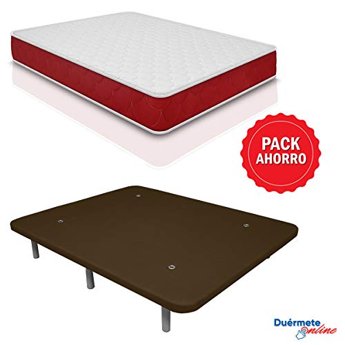 Duérmete Online Pack colchón visco elástico Lite Reversible y Base tapizada 3D, Extra-Reforzada, 5 Barras de Refuerzo y válvulas de ventilación con 7 Patas, 150 x 190 cm, Transpirable, Chocolate