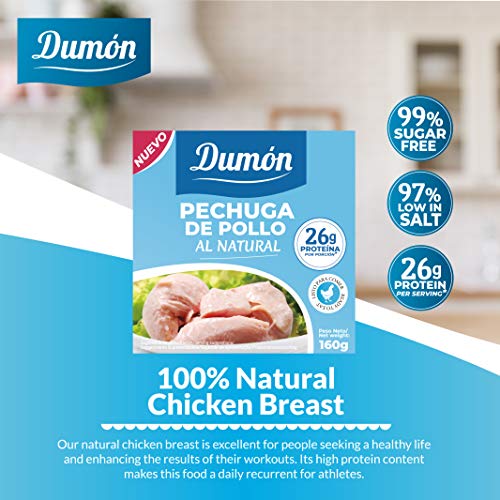 Dumón - 18 Unidades de 160 gr de Conservas de Pechugas de Pollo en su Propio Jugo o Agua. Alimento Enlatado Alto en Proteínas, 26 gr cada 100 gr de Pollo Natural. Abre Fácil.