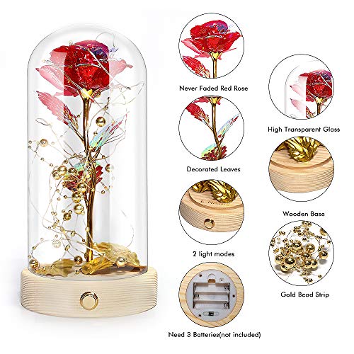 E-MANIS La Bella y la Bestia Rosas,Lámina de Oro Rojo Rosa en Cúpula de Cristal 2 Modos de Luz con Cuentas Doradas en Base de Madera para Navidad,San Valentín y Otros Festivales Regalo Romántica