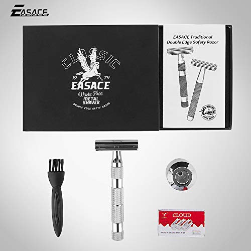 EASACE Cuchilla de Doble Filo Kit de Maquinilla de Afeitar para Hombres Mujeres Afeitado Húmedo+1 Soporte+1 Cepillo de Limpieza+10 Cuchillas de Doble Filo de Acero Inoxidable (Plata)