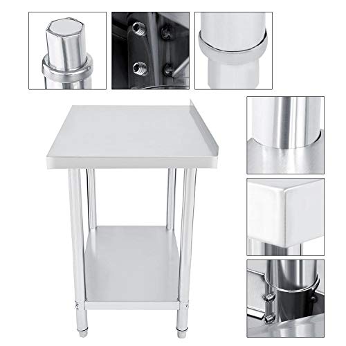 EBTOOLS - Mesa de trabajo de cocina de acero inoxidable con borde para encimera de trabajo y cocina, 2 estantes, mesa de trabajo profesional, estable, 3 tamaños a elegir, 91 * 61 * 85cm