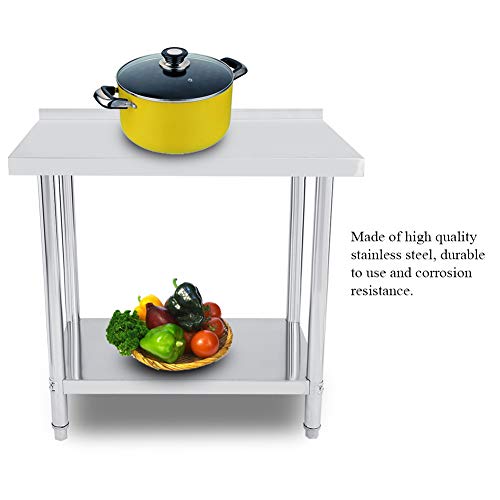 EBTOOLS - Mesa de trabajo de cocina de acero inoxidable con borde para encimera de trabajo y cocina, 2 estantes, mesa de trabajo profesional, estable, 3 tamaños a elegir, 91 * 61 * 85cm