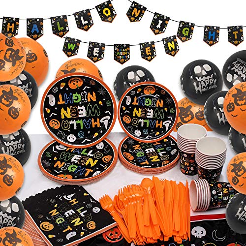 ECHOAN Halloween Juego de Vajilla de Fiesta - Completo para 24 Invitados, Que Incluye Tazas, Servilletas, Platos, Mantel, Pancarta, Globos