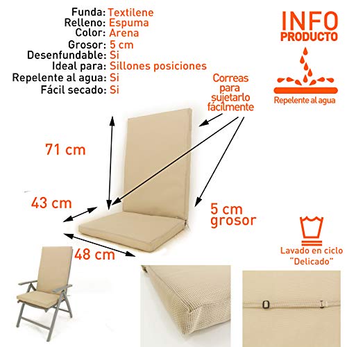 Edenjardi Cojín textilene para sillas de Exterior reclinables Color Arena, Tamaño 114x48x5 cm, Tela Antimanchas, Desenfundable