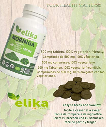 Elikafoods - Moringa oleífera bio, 240 comprimidos de 500 mg/orgánica pura en polvo, ecológica