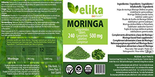 Elikafoods - Moringa oleífera bio, 240 comprimidos de 500 mg/orgánica pura en polvo, ecológica