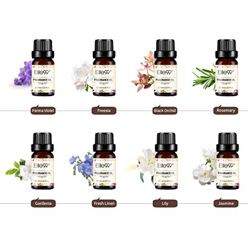 Elite99 Aceites de Fragancia, Aceites Esenciales para Humidificadores, Aceites de Aromaterapia de Flores, Parma Violet, Fresia, Orquídea negra, Romero, Gardenia, Lino fresco, Lirio, Jazmín, 10ML