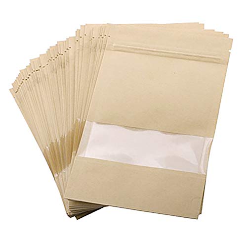 Emartbuy 50 Pc De Bolsas De Papel Kraft Levántate Bolsa De Alimentos Bolsa De Sellado Reutilizable Transparentes Bolsas para Almacenamiento De Té, Dulces, Granos De Café - 20 cm x 30 cm