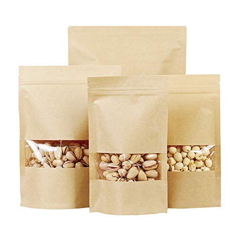 Emartbuy 50 Pc De Bolsas De Papel Kraft Levántate Bolsa De Alimentos Bolsa De Sellado Reutilizable Transparentes Bolsas para Almacenamiento De Té, Dulces, Granos De Café - 20 cm x 30 cm