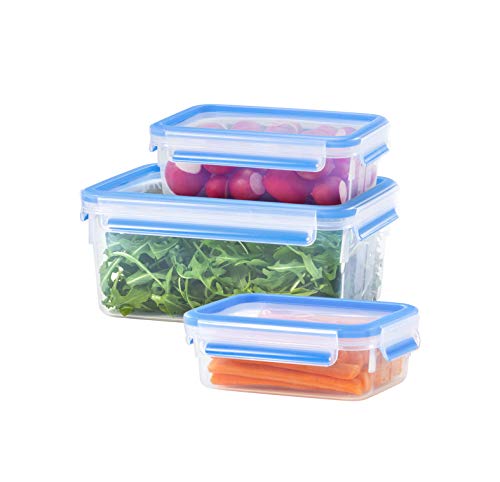 Emsa Clip & Close Set de 3 Conservadores Herméticos de Plástico Rectangular, higiénico, no retiene olores ni sabores 100% Libre de BPA, Transparente y Azul, 1 L/2.3 L/3.7 L