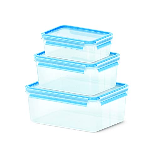 Emsa Clip & Close Set de 3 Conservadores Herméticos de Plástico Rectangular, higiénico, no retiene olores ni sabores 100% Libre de BPA, Transparente y Azul, 1 L/2.3 L/3.7 L