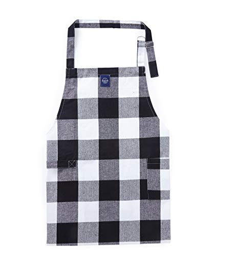 Encasa Homes Delantal de Cocina Ajustable con Bolsillos y toallero - 31 x 25 Inch - Algodón ecológico, Hogar y el Restaurante, Hombres, Mujeres, Cocina, Hornead - Los cheques de búfalo Negros