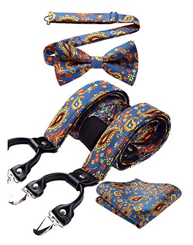 Enlision Floral Paisley 6 Clips Tirantes Ajustables Tirantes Pre-Atado Conjunto Bowtie y panuelo