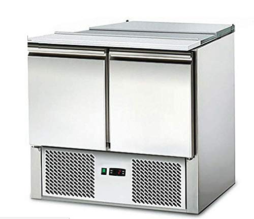 Ensaladera – Mesa de refrigeración con tapa – 2 puertas – Enfriamiento de ensalada – con tabla de cortar y superficie de trabajo de acero inoxidable