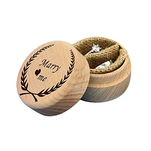 ENtoo Caja de Anillo de Madera Grabada Personalizada Soporte de Anillo de Madera Redonda Rústica Personalizada Caja de Joyería de Compromiso de Boda