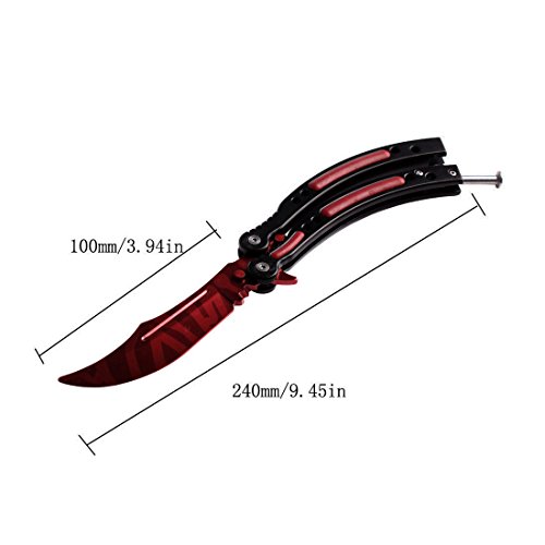 Entrenador de Mariposas, Cuchillo Balisong Acero Inoxidable Curvo sin Agujeros CS/HDD13 (Rojo)