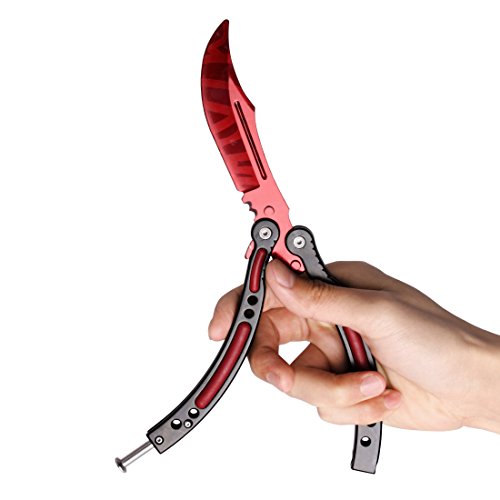 Entrenador de Mariposas, Cuchillo Balisong Acero Inoxidable Curvo sin Agujeros CS/HDD13 (Rojo)