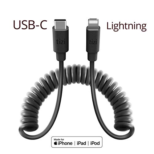 equinux New Tizi Spiralkabel Ultra USB-C-to-Lightning (1.4m, Black) Flexible and Stretchable: from 30cm to 1m (MAX. 1.4m), MFi Certified, PD Power Delivery Cable. Compatible with iPhone