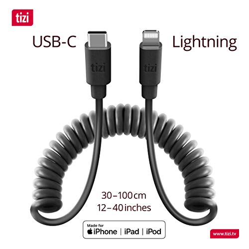 equinux New Tizi Spiralkabel Ultra USB-C-to-Lightning (1.4m, Black) Flexible and Stretchable: from 30cm to 1m (MAX. 1.4m), MFi Certified, PD Power Delivery Cable. Compatible with iPhone