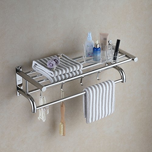 Eridanus Estante de Toallas, Toallero Doble de Acero Inoxidable SUS304 de Pared, Estantería de Almacenamiento para Baño con Barras y Ganchos(60x15x22,5cm)