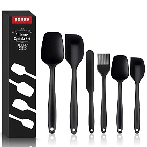 Espátulas de Silicona Utensilios Cocina de Silicona, Resistente al Calor No Tóxico Antiadherente Hornear Cocinar, Juego de Espátulas de Silicona, Espátula y Cuchara (6, Negro)