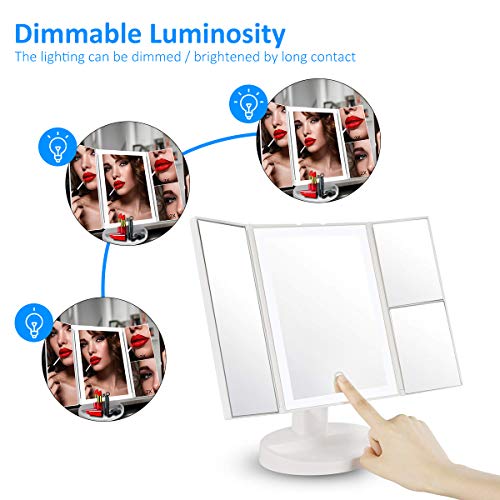 Espejo Maquillaje,WEILY Espejo Cosmético,Luz ajustable con LED,Tríptica Aumentos 1X, 2X, 3X, Rotación ajustable de 180 °, fuente de alimentación doble, espejo cosmético encimera