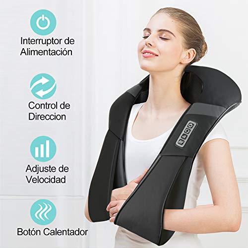 ESSEASON Masajeador de Espalda Shiatsu - 16 Nodos Masajeador Cervical con 3D Amasamiento Profundo Rotación y Función de Calor, Relajación para Cuello y Hombros - Casa Oficina Coche (A-Negro)