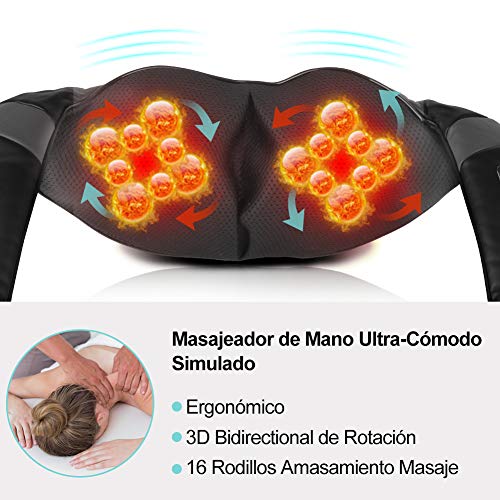 ESSEASON Masajeador de Espalda Shiatsu - 16 Nodos Masajeador Cervical con 3D Amasamiento Profundo Rotación y Función de Calor, Relajación para Cuello y Hombros - Casa Oficina Coche (A-Negro)