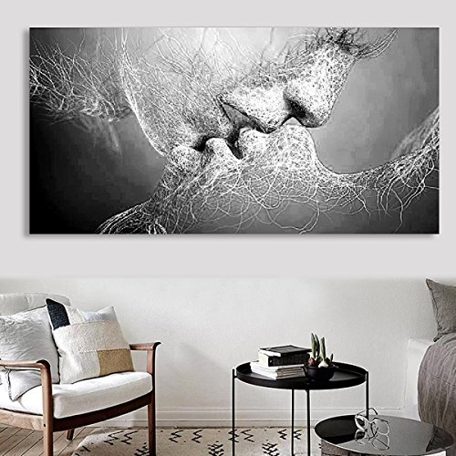 Essort - Cuadro de pared con impresión en lienzo, diseño artístico de beso en blanco y negro para salón, dormitorio, restaurante u hotel, Blanco, 100*60cm