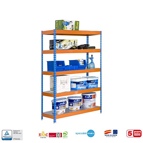 Estantería metálica de media carga Bricoforte 5 estantes Azul/Naranja/Galva Simonrack 2000x1200x600 mms - Estantería media carga - Estantería industrial - 300 Kgs de capacidad por estante