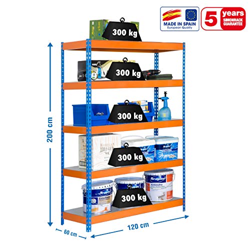 Estantería metálica de media carga Bricoforte 5 estantes Azul/Naranja/Galva Simonrack 2000x1200x600 mms - Estantería media carga - Estantería industrial - 300 Kgs de capacidad por estante